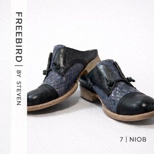 Freebird by Steven Malena Navy Multi Leather Mules Sz 7 Snakeskin Western Rugged